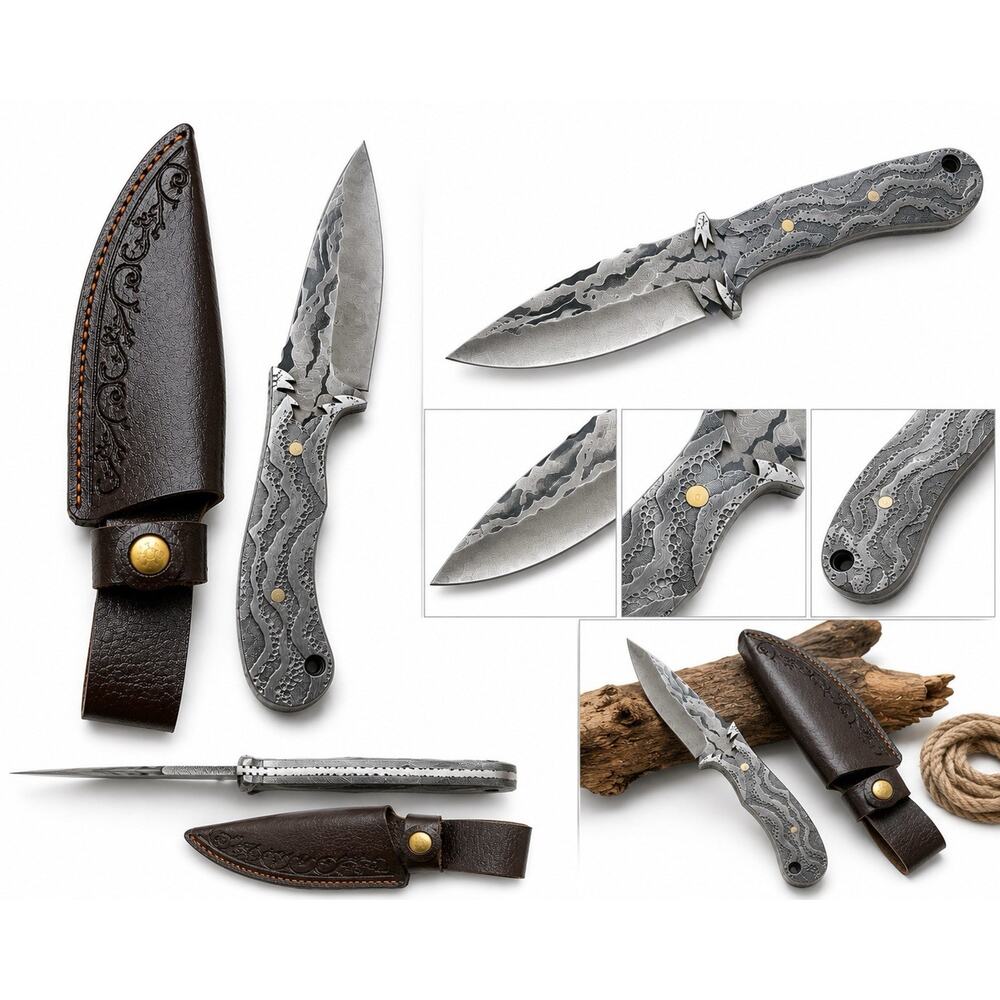 Damascus Steel Fixed Blade Hunting Knife Full Tang w/ Leather Sheath Handmade